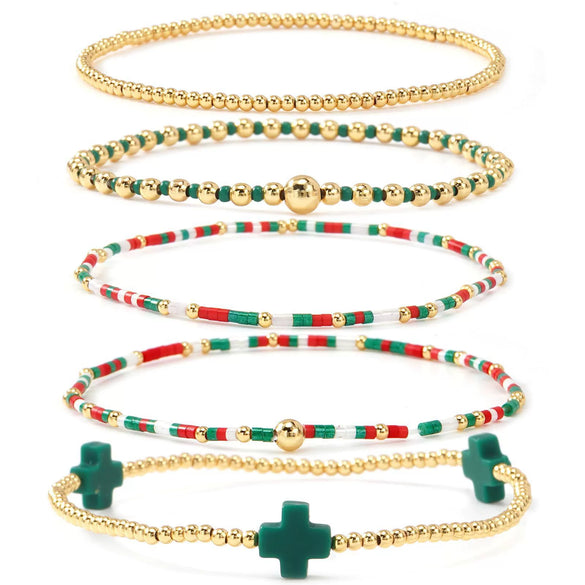Women's Simple Copper Beaded Cross Bracelet With Geometric Design Electroplated Elastic Stackable Fashion Bracelet