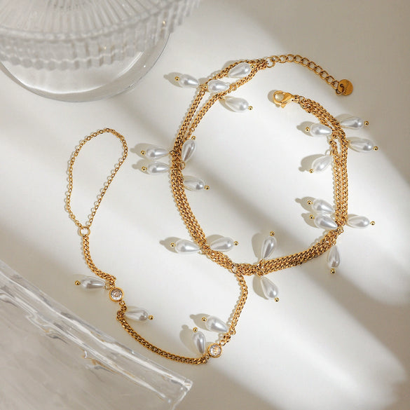 Women's Simple Design Stainless Steel 18K Gold Zircon Glass Pearl Double Layer Rhombus Anklet