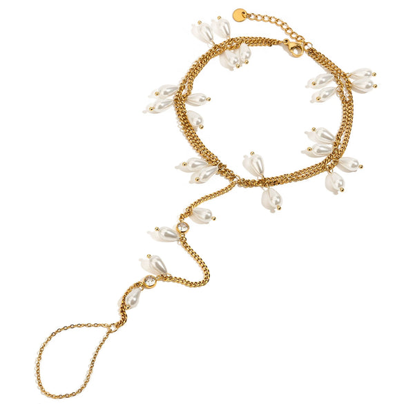 Women's Simple Design Stainless Steel 18K Gold Zircon Glass Pearl Double Layer Rhombus Anklet