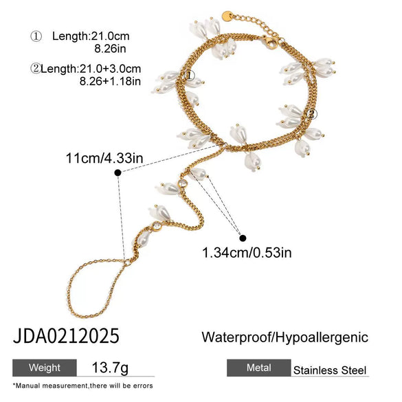 Women's Simple Design Stainless Steel 18K Gold Zircon Glass Pearl Double Layer Rhombus Anklet