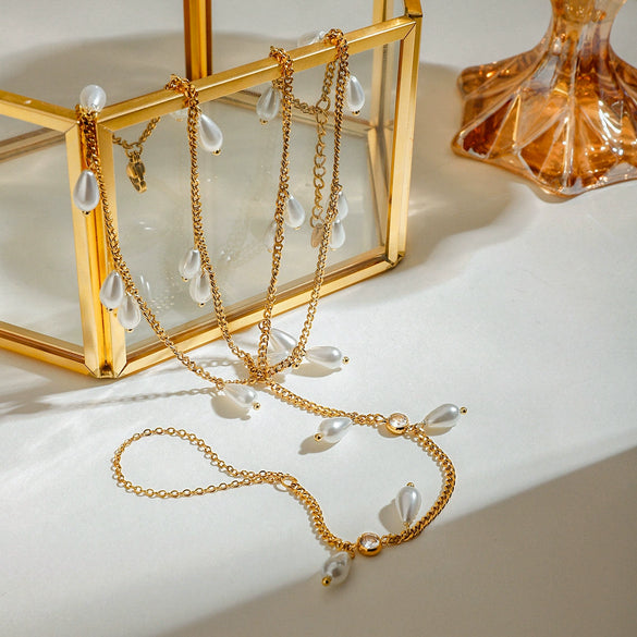 Women's Simple Design Stainless Steel 18K Gold Zircon Glass Pearl Double Layer Rhombus Anklet