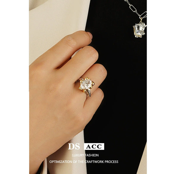 Women's Simple Fashion Distinctive Zircon Niche Design High End Light Luxury Metal Open Finger Ring With Geometric Styling And Electroplating