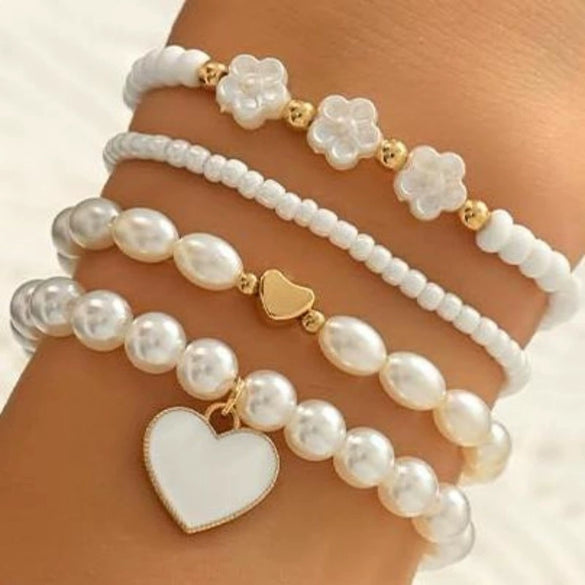 Women's Simple Faux Pearl Beaded Anklet And Bracelet Set With Heart And Flower Geometric Design Stylish Fashion Jewelry