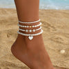 Women's Simple Faux Pearl Beaded Anklet And Bracelet Set With Heart And Flower Geometric Design Stylish Fashion Jewelry