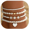 Women's Simple Faux Pearl Beaded Anklet And Bracelet Set With Heart And Flower Geometric Design Stylish Fashion Jewelry