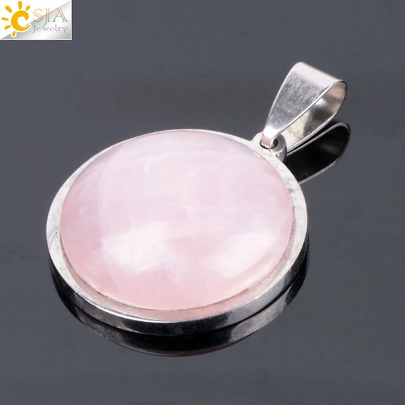 Women's Simple Flat Round Natural Stone Pendant Necklace In Stainless Steel With Bead Chain Fashion Jewelry