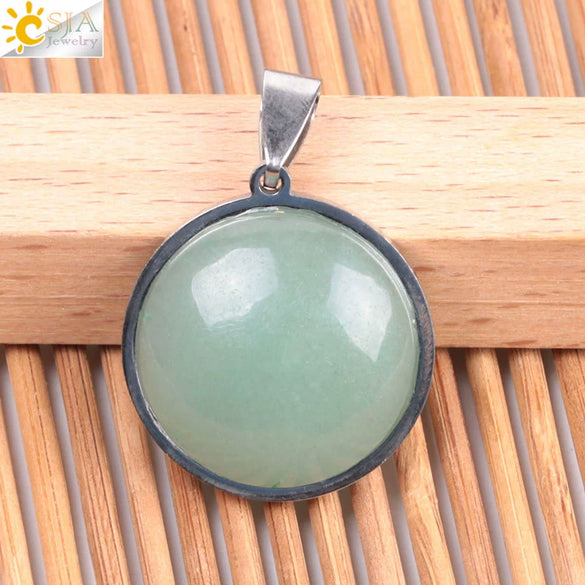 Women's Simple Flat Round Natural Stone Pendant Necklace In Stainless Steel With Bead Chain Fashion Jewelry