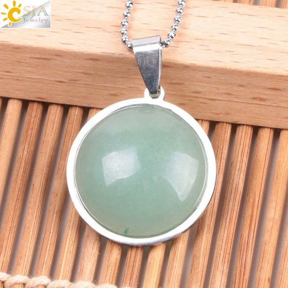 Women's Simple Flat Round Natural Stone Pendant Necklace In Stainless Steel With Bead Chain Fashion Jewelry