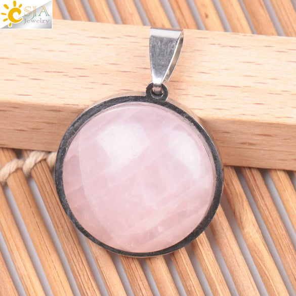 Women's Simple Flat Round Natural Stone Pendant Necklace In Stainless Steel With Bead Chain Fashion Jewelry
