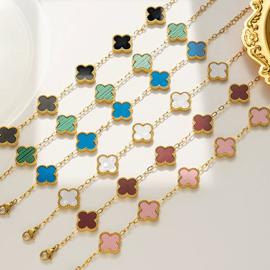 Women's Simple Flower Pattern Titanium Steel Bracelet With Gold Inlaid Four Leaf Clover Design