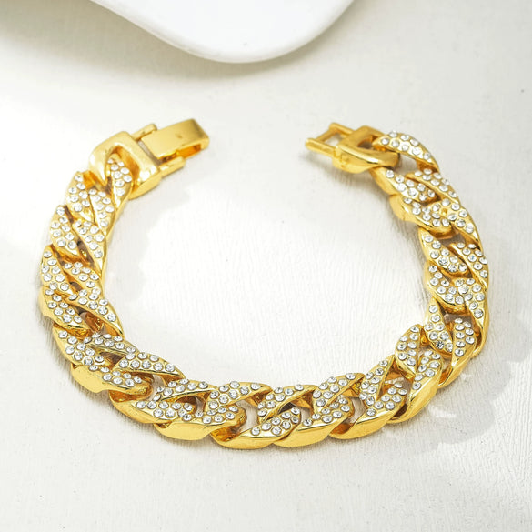 Women's Simple Full Rhinestone Cuban Chain Bracelet In Electroplated Zinc Alloy Personality Style Light Luxury Jewelry