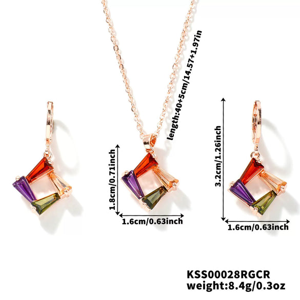 Women's Simple Geometric Copper Necklace And Earrings Set With Zircon Crystal Pendant Bridal Jewelry