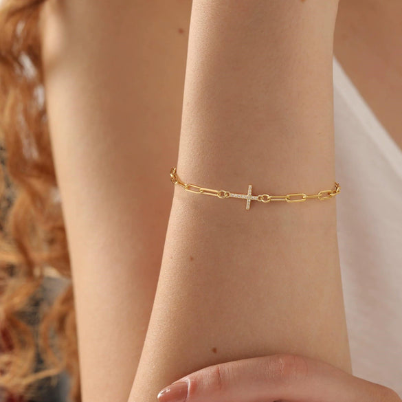 Women's Simple Geometric Copper Paperclip Cross Bracelet With Zircon Inlay And Electroplated Finish Fashion Jewelry Gift