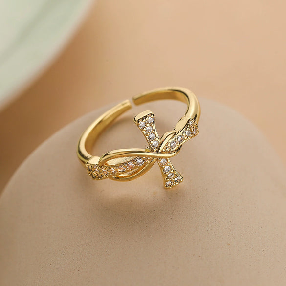 Women's Simple Geometric Copperplated Real Gold Zircon Cross Open Ring With Micro Inlay