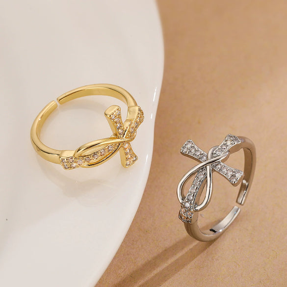Women's Simple Geometric Copperplated Real Gold Zircon Cross Open Ring With Micro Inlay