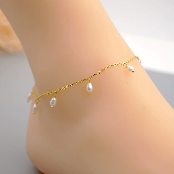Women's Simple Geometric Freshwater Pearl Titanium Steel Bracelet And Anklet