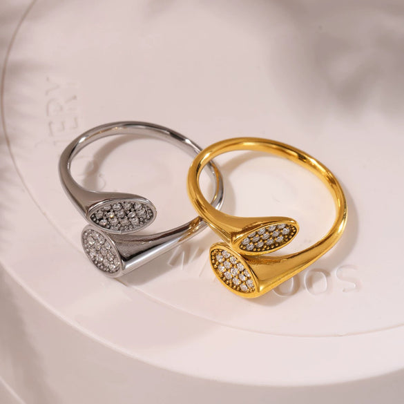Women's Simple Geometric Irregular High Texture Zircon Design Opening 316L Stainless Steel Gold Plated Finger Ring