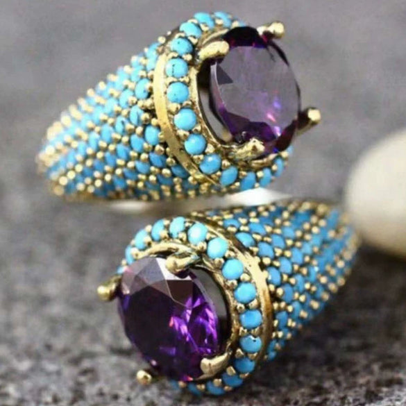 Women's Simple Geometric S Shaped Purple Inlaid Copper Ring With Gold Tone Electroplated Finish