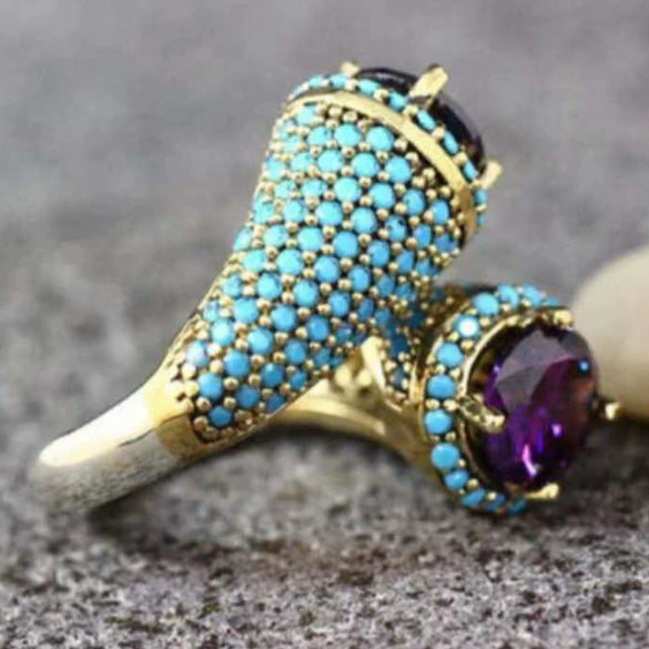 Women's Simple Geometric S Shaped Purple Inlaid Copper Ring With Gold Tone Electroplated Finish
