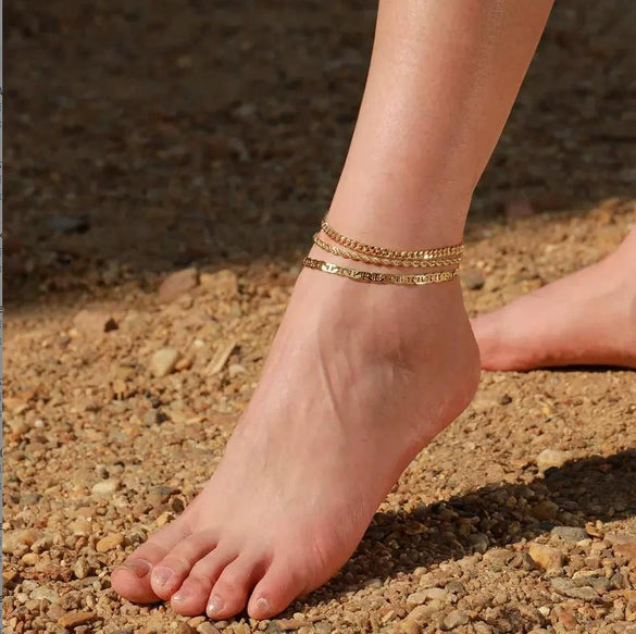 Women's Simple Geometric Stainless Steel Beaded Anklet Set Fashion Fashionable Broken Silver Style Foot Jewelry