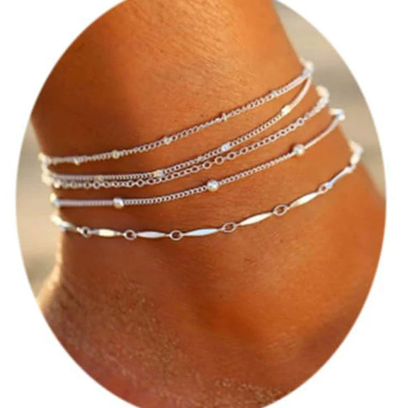 Women's Simple Geometric Stainless Steel Beaded Anklet Set Fashion Fashionable Broken Silver Style Foot Jewelry