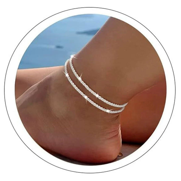 Women's Simple Geometric Stainless Steel Beaded Anklet Set Fashion Fashionable Broken Silver Style Foot Jewelry