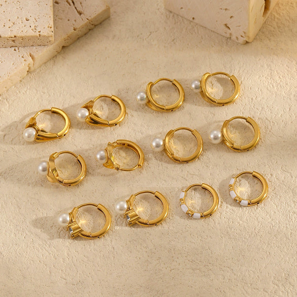 Women's Simple Geometric Stainless Steel Earrings With Inlaid Pearl And Electroplating