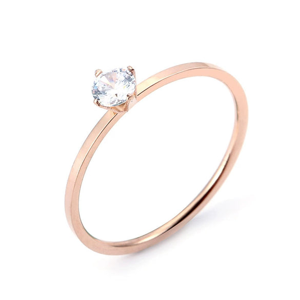 Women's Simple Geometric Stainless Steel Single Stone Ring With Four Claw Setting And Rose Gold Electroplated Finish