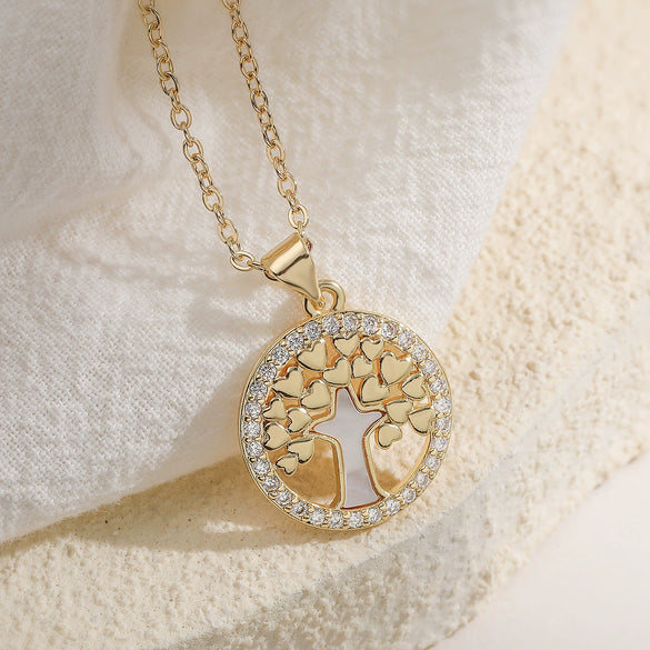 Women's Simple Geometric Tree Of Life Pendant Necklace With Copper Plated Real Gold And Zircon Shell