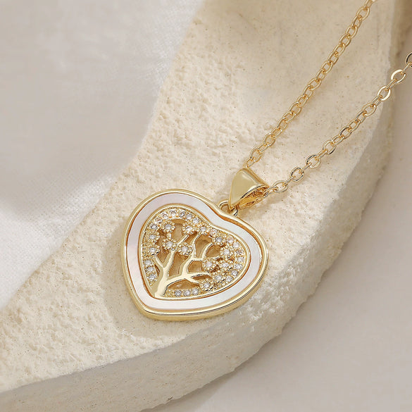 Women's Simple Geometric Tree Of Life Pendant Necklace With Copper Plated Real Gold And Zircon Shell