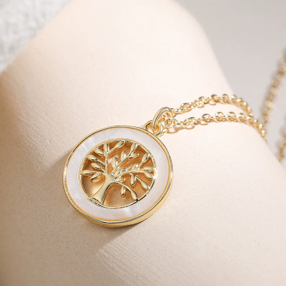 Women's Simple Geometric Tree Of Life Pendant Necklace With Copper Plated Real Gold And Zircon Shell