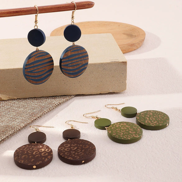 Women's Simple Geometric Wood Pendant Earrings Minimalist Combination Drop Earrings