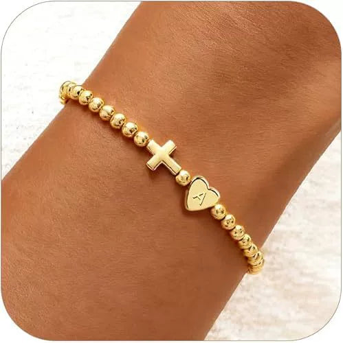Women's Simple Heart And Letter Copper Beaded Bracelet With Electroplated Finish Fashion Versatile Jewelry