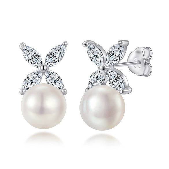 Women's Simple Heart Shaped Sterling Silver Stud Earrings With Zircon And Pearl Electroplated Bow Design