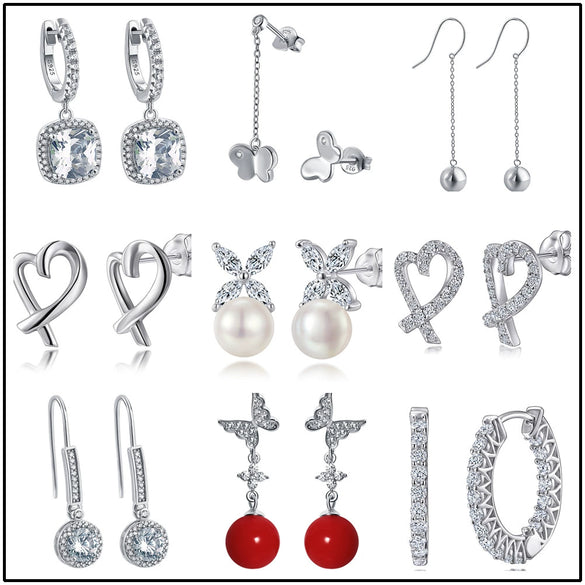 Women's Simple Heart Shaped Sterling Silver Stud Earrings With Zircon And Pearl Electroplated Bow Design