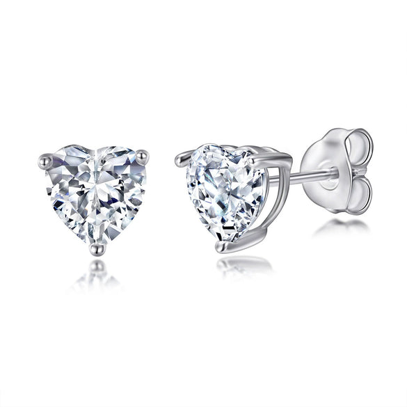 Women's Simple Heart Shaped Sterling Silver Stud Earrings With Zircon And Pearl Electroplated Bow Design