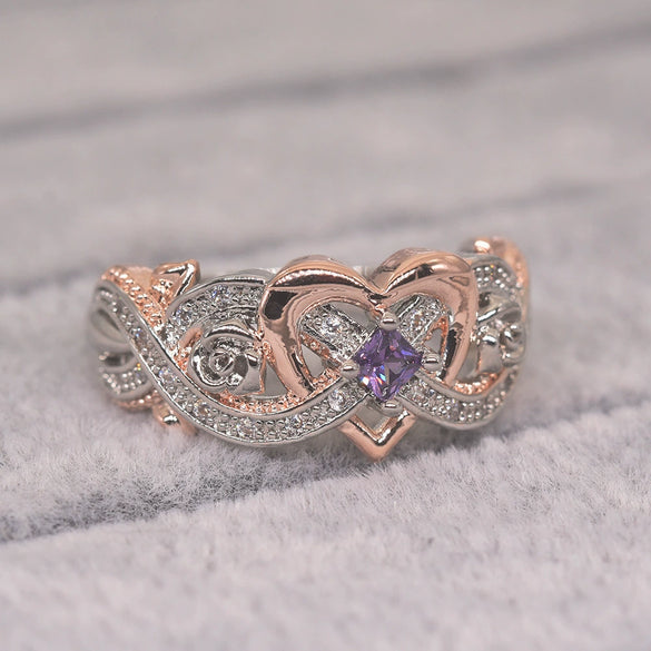 Women's Simple Heart Shaped Zircon Ring Rose Princess Style Electroplated Metal Hand Jewelry