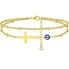 Women's Simple Layered Anklet With Cross And Evil Eye Geometric Charms Pearl Detail And Gold Plated Artificial Gemstone Inlay