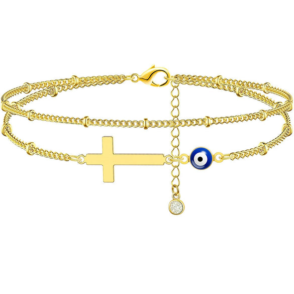 Women's Simple Layered Anklet With Cross And Evil Eye Geometric Charms Pearl Detail And Gold Plated Artificial Gemstone Inlay
