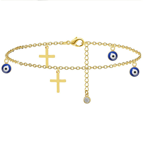Women's Simple Layered Anklet With Cross And Evil Eye Geometric Charms Pearl Detail And Gold Plated Artificial Gemstone Inlay