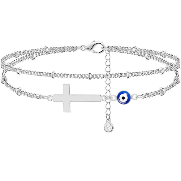 Women's Simple Layered Anklet With Cross And Evil Eye Geometric Charms Pearl Detail And Gold Plated Artificial Gemstone Inlay