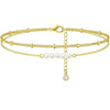 Women's Simple Layered Anklet With Cross And Evil Eye Geometric Charms Pearl Detail And Gold Plated Artificial Gemstone Inlay