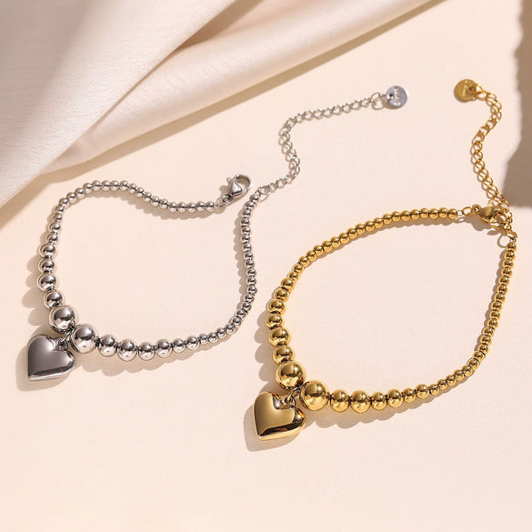 Women's Simple Metal Style Heart Geometric Pattern Stainless Steel Beaded Bracelet With Electroplating