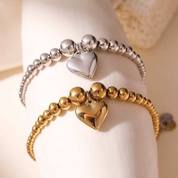 Women's Simple Metal Style Heart Geometric Pattern Stainless Steel Beaded Bracelet With Electroplating