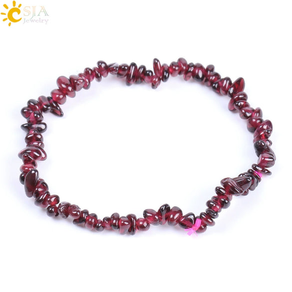 Women's Simple Natural Stone Crystal Chip Bead Bracelet With Elastic String Red Garnet Style