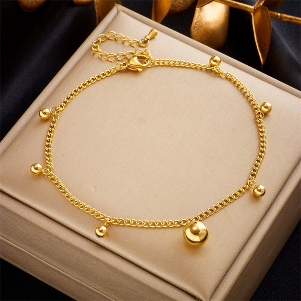 Women's Simple Retro Allmatch Golden Ball Pendant Titanium Steel Anklet With Geometric Pattern