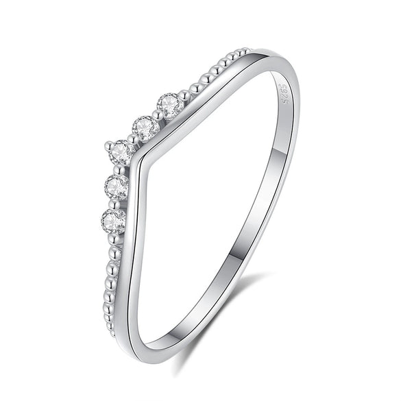 Women's Simple S925 Sterling Silver Stacked Ring With Diamond Set Zircon And Crown Tail Design