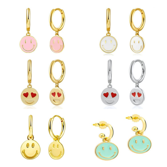 Women's Simple Smiley Face Geometric Earrings With Silver Needle Copper And Color Enamel Electroplated Ear Buckle Design