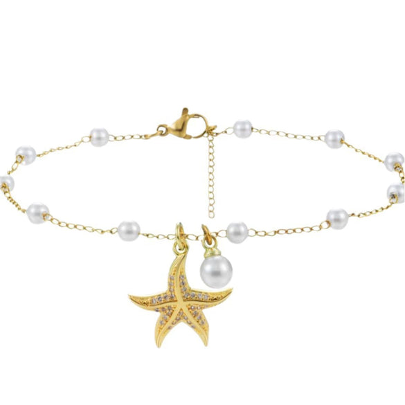 Women's Simple Stainless Steel Anklet With Starfish Pendant And Imitation Freshwater Pearl Cute Fashion Foot Jewelry