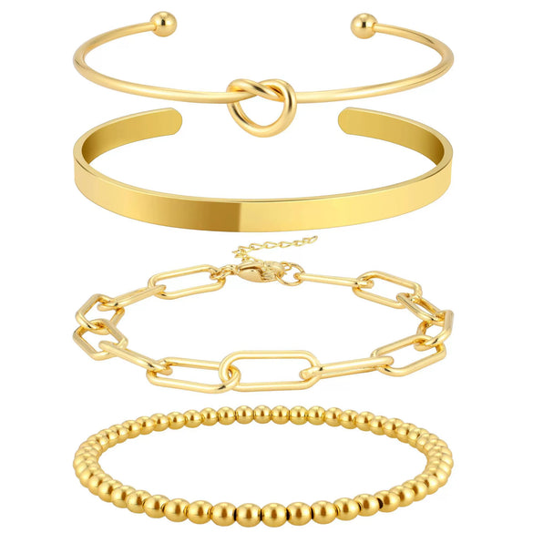 Women's Simple Stainless Steel Bracelet Set With Paperclip Chain Round Bead Flat Snake Chain And Knotted Heart Open Geometric Electroplated Design